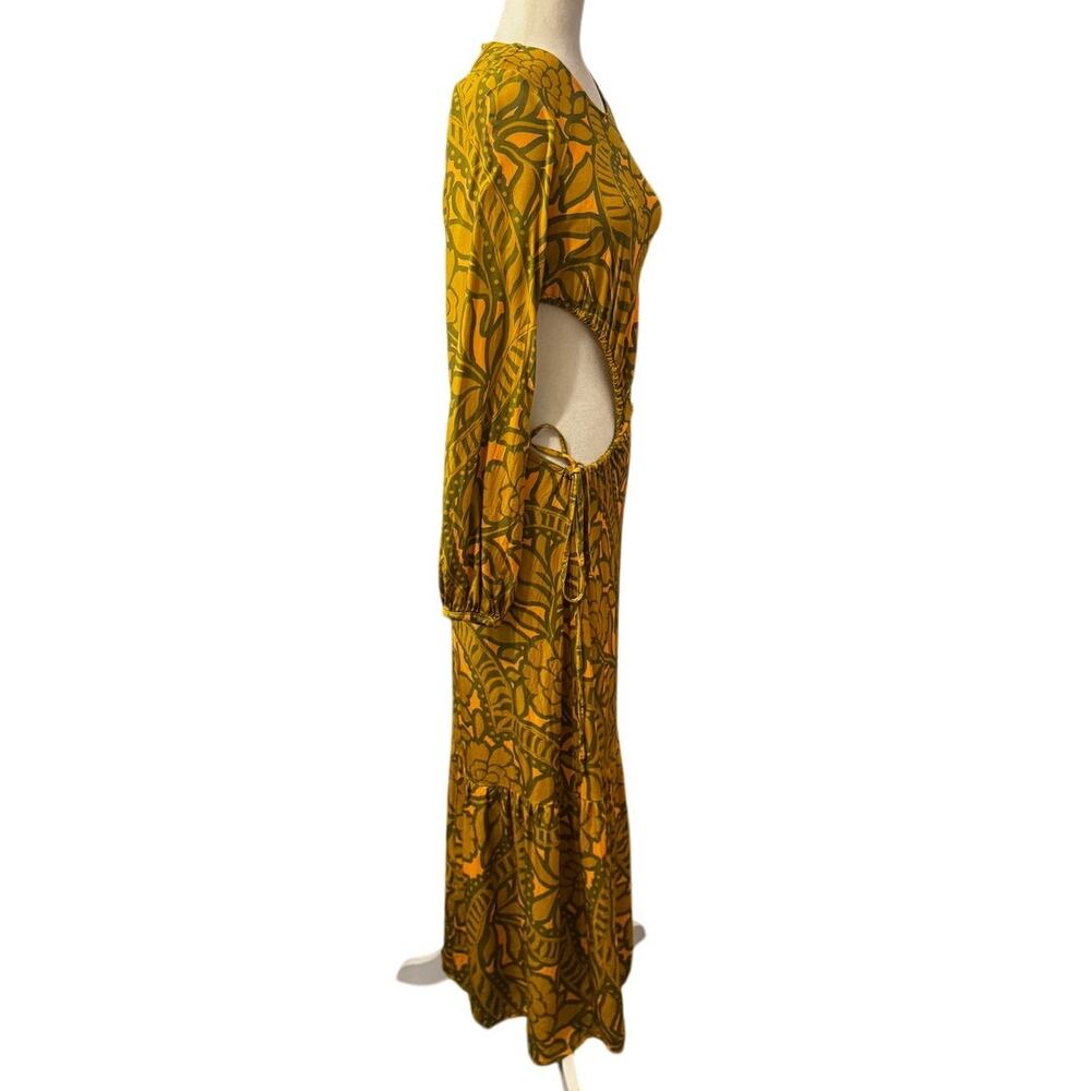 Never Fully Dressed Cutout Side Tie Maxi Dress Mustard Green Floral Print Size 4 - Picture 3 of 7